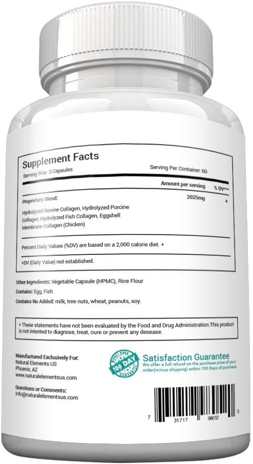 180 Natural Elements Multi Collagen Protein Capsules - Type I, II, III, V, X - Eggshell, Chicken, Wild Fish & Beef - 2025mg/serv