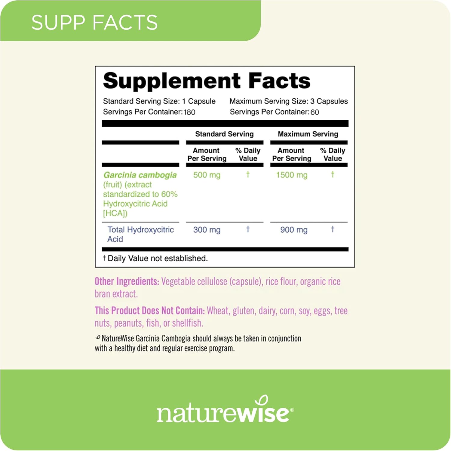 180 Naturewise Garcinia Cambogia Capsules - 60% HCA Extract for Weight Goals & Energy - Vegan, Non-GMO, Gluten Free - 2-6 Month Supply