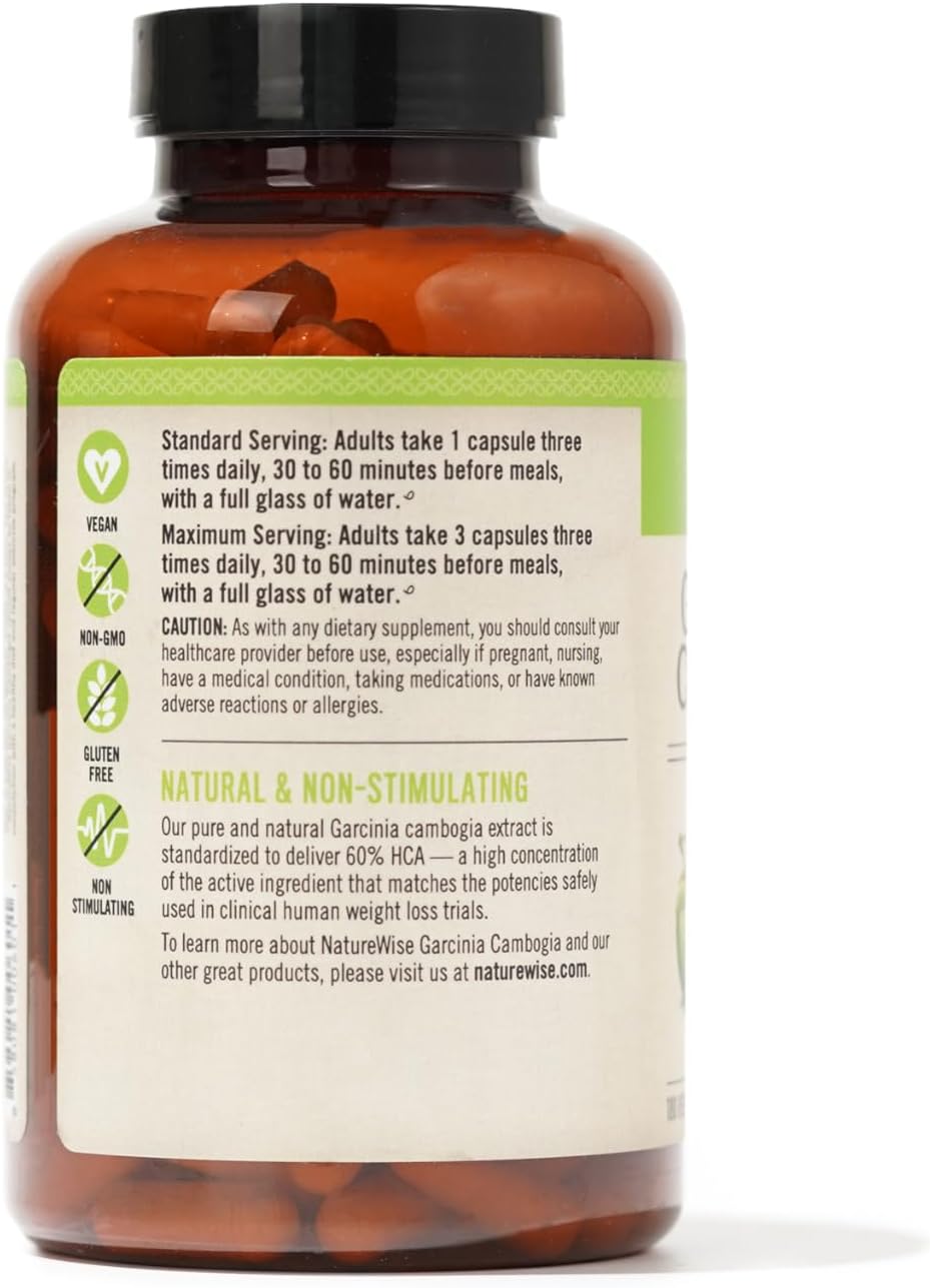 180 Naturewise Garcinia Cambogia Capsules - 60% HCA Extract for Weight Goals & Energy - Vegan, Non-GMO, Gluten Free - 2-6 Month Supply