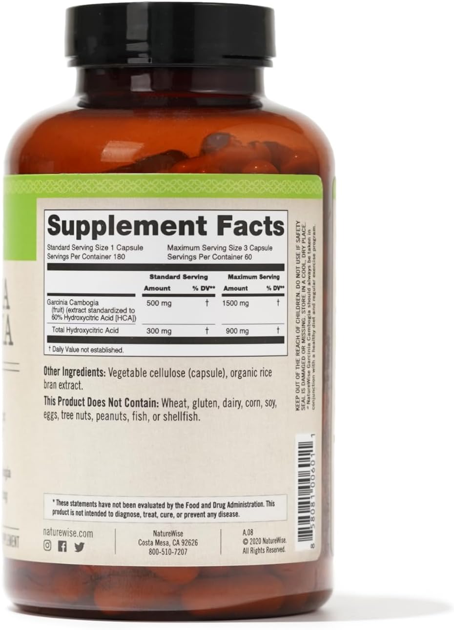 180 Naturewise Garcinia Cambogia Capsules - 60% HCA Extract for Weight Goals & Energy - Vegan, Non-GMO, Gluten Free - 2-6 Month Supply