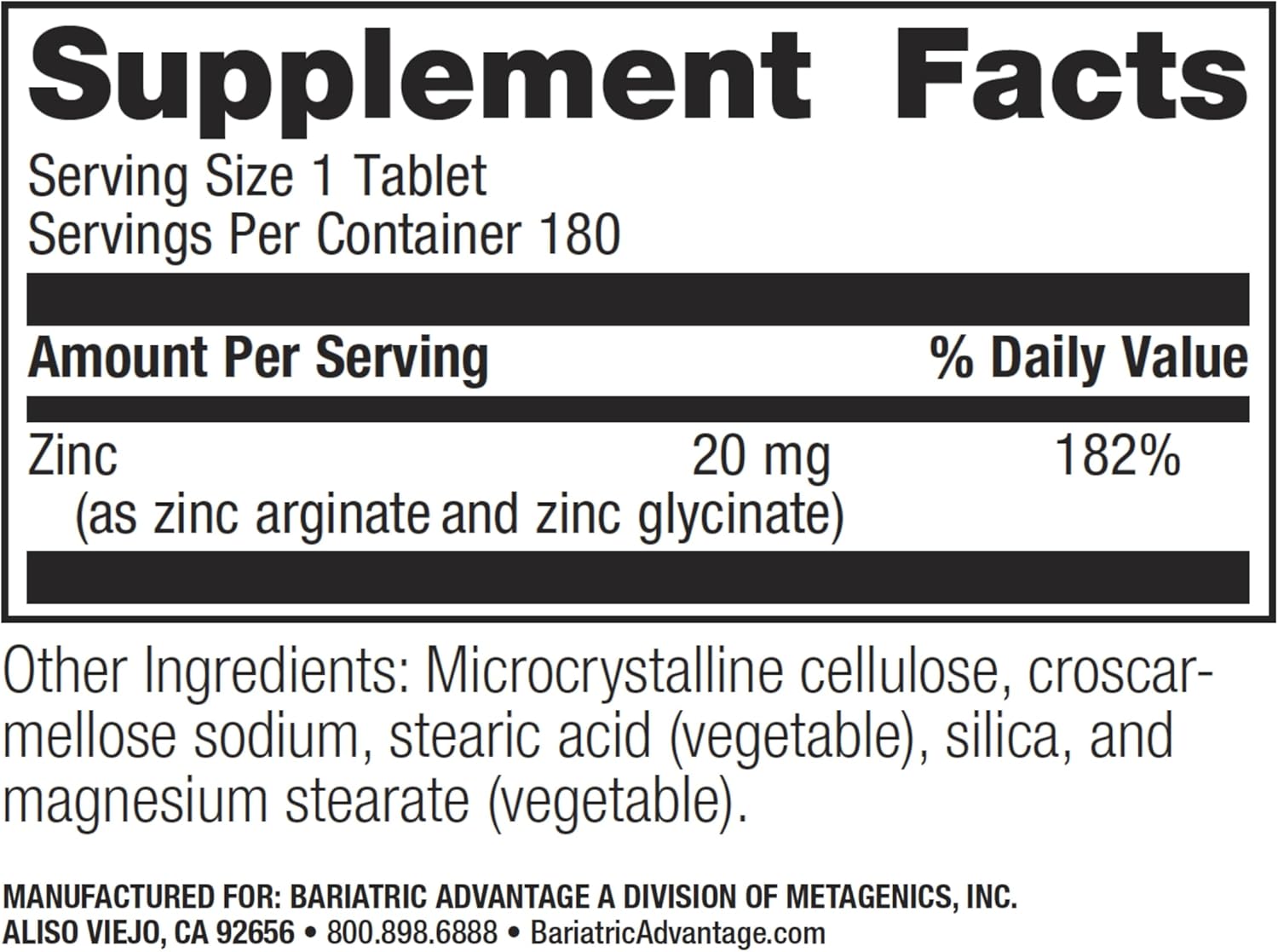 180 Non Chewable Zinc Chelate Tablets for Bariatric Surgery Patients, Highly Absorbable 20 mg Zinc Arginine and Glycine Formula