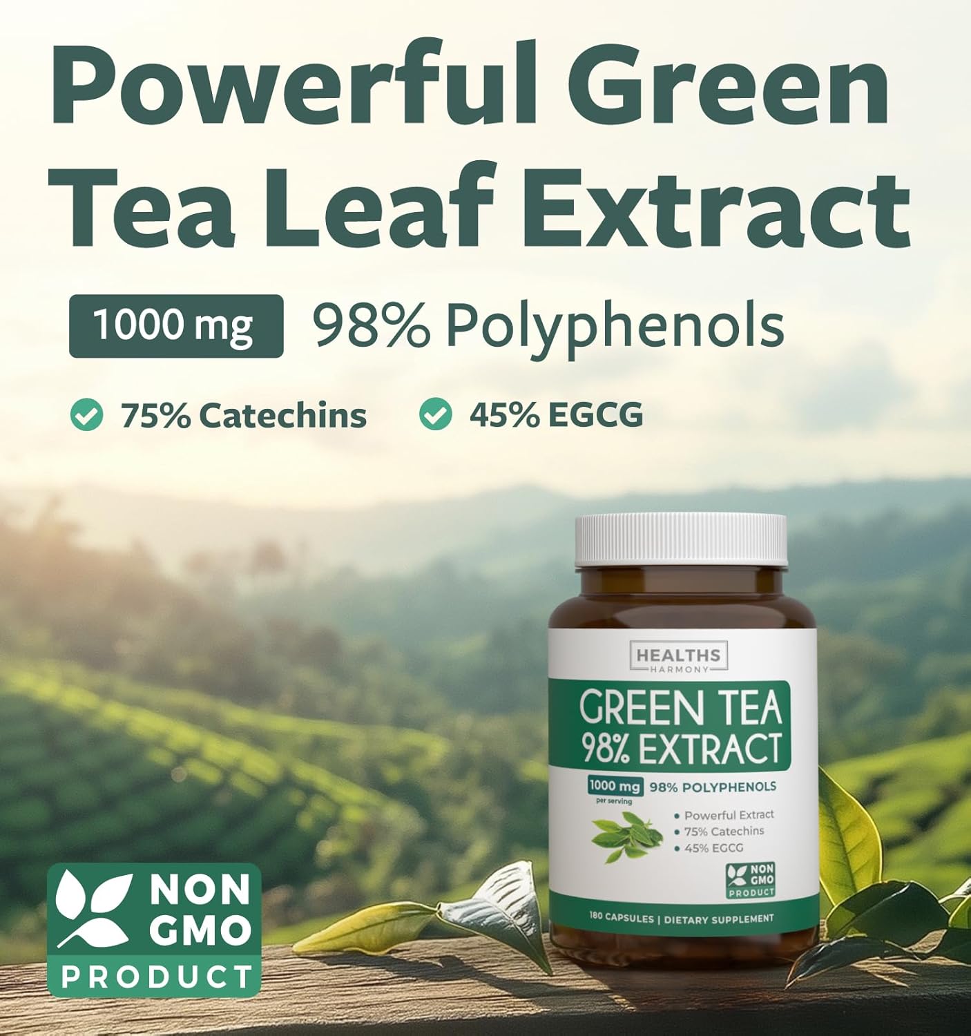 180 Non-GMO Green Tea Extract Capsules with 98% EGCG - Metabolism Boost & Antioxidant Supplement - 1000mg (500mg per Capsule)