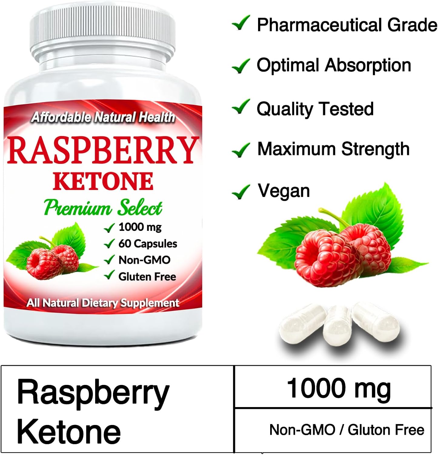 180 Raspberry Ketone Capsules for Active Healthy Lifestyle, 1000mg, 6 Month Supply, Vegan & Non GMO