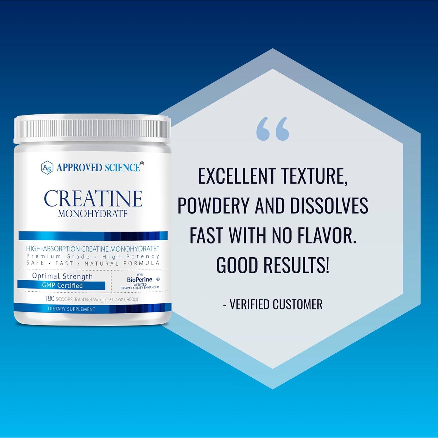180 Servings of Approved Science Creatine Monohydrate Powder with BioPerine - Enhances Lean Muscle Growth and Recovery - Unflavored Vegan Supplement - 5g Per Serving