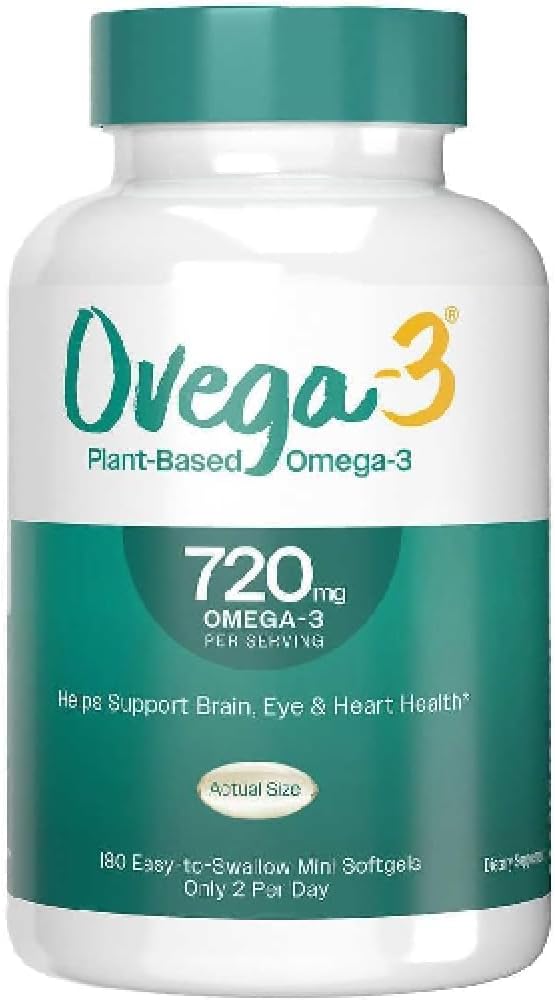 180 Softgel Ovega 3 Vegan Omega-3 Supplement with DHA, EPA, Fatty Acids - No Fishy Aftertaste, Plant Based Formula