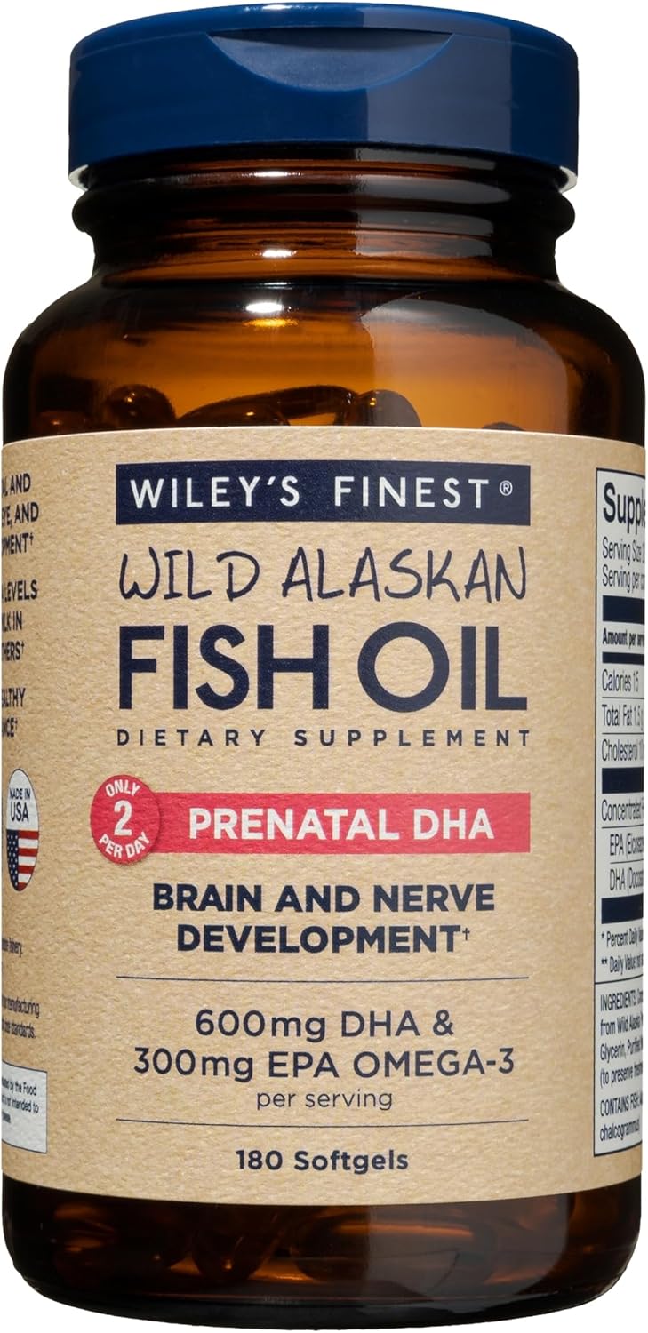 180 Softgels of Wiley's Finest Wild Alaskan Fish Oil Prenatal DHA with 600mg DHA Omega-3s