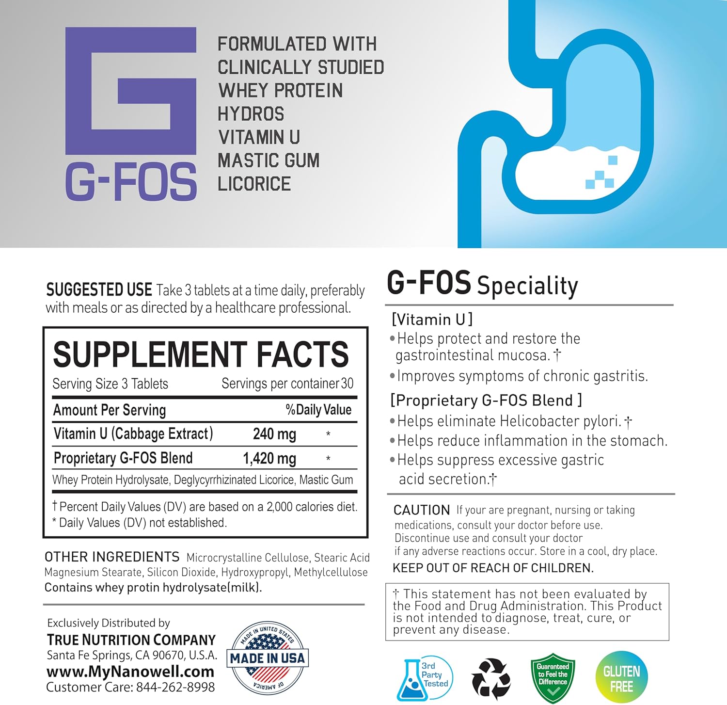 180 Tablets of NANOWELL G-FOS Digestive Health Supplement with Vitamin U for 2 Months