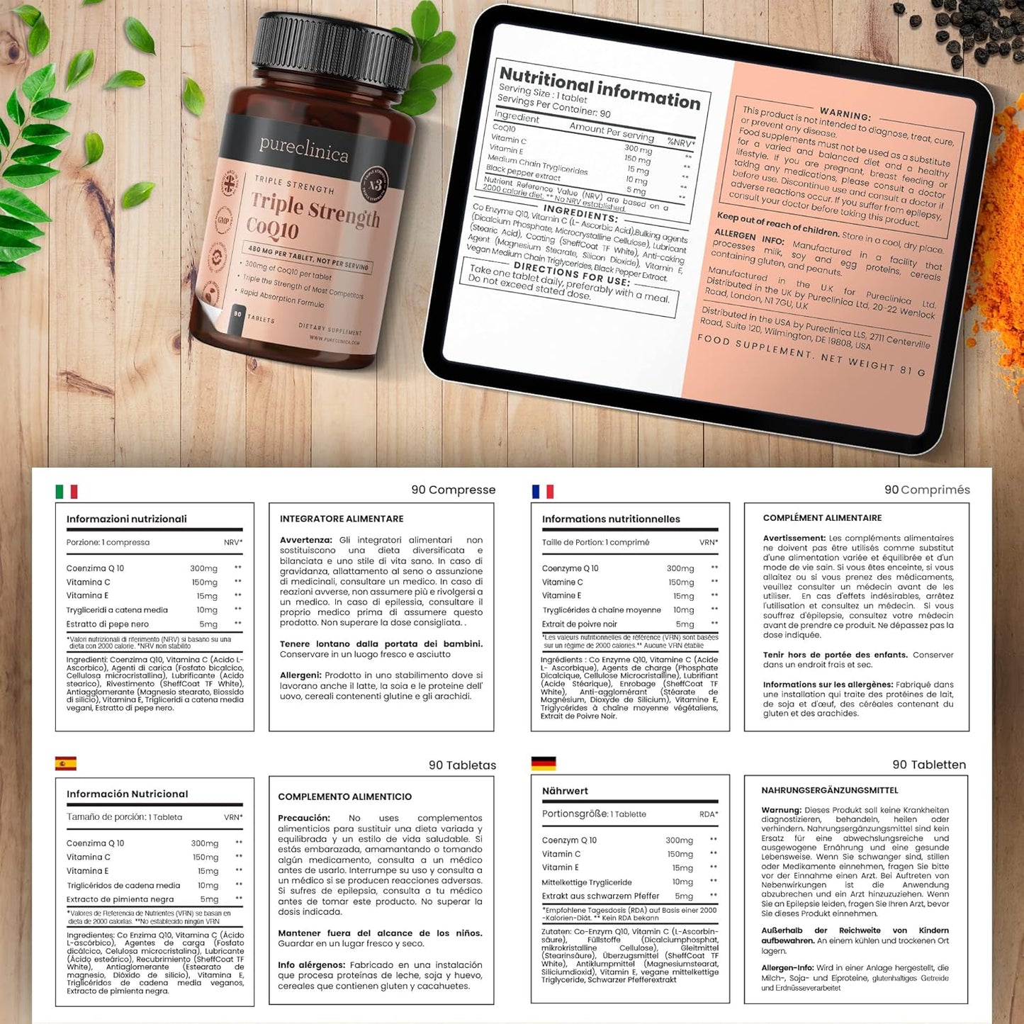 180 Tablets of Pureclinica Fermented CoQ10 300mg - 6 Month Supply with Vitamin C & Black Pepper Extract for Absorption