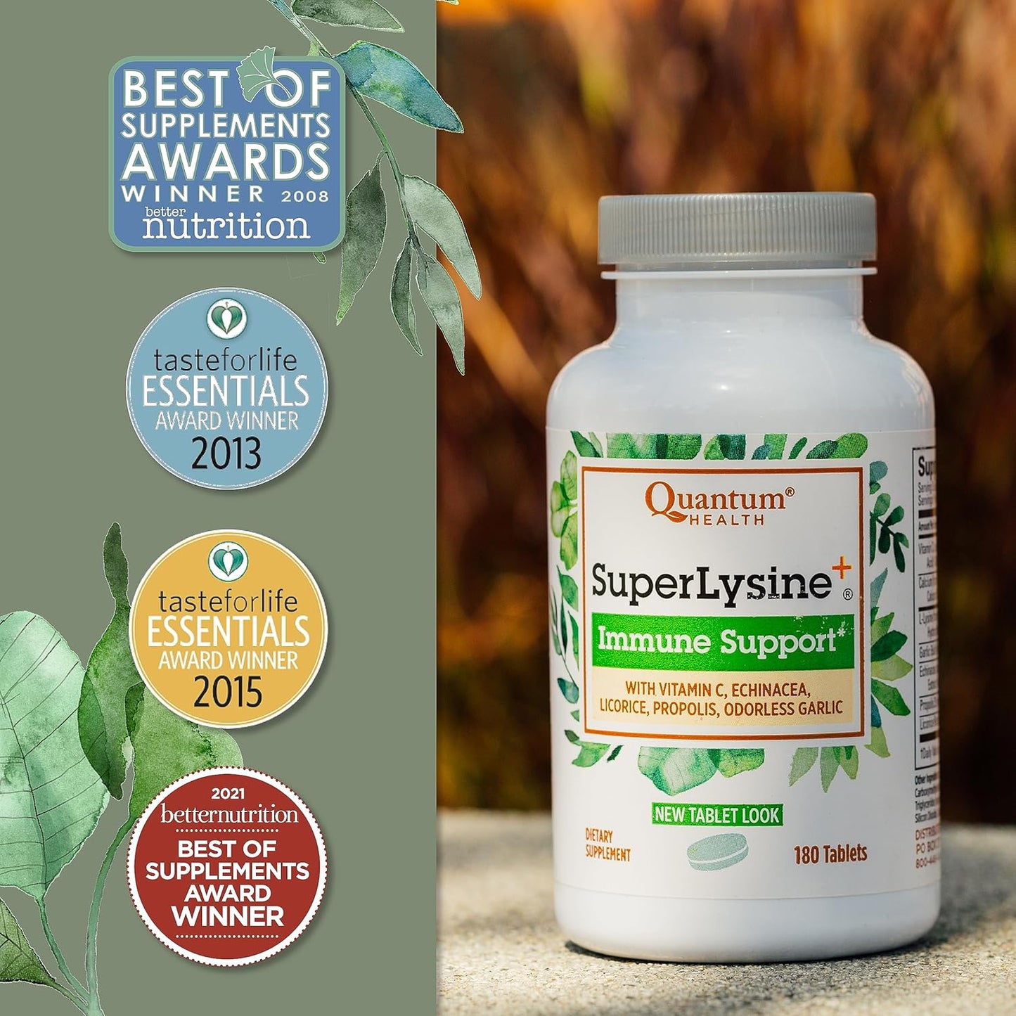 180 Tablets of Quantum Health Super Lysine+ Immune Support with Vitamin C, Echinacea, Licorice, Propolis, and Garlic