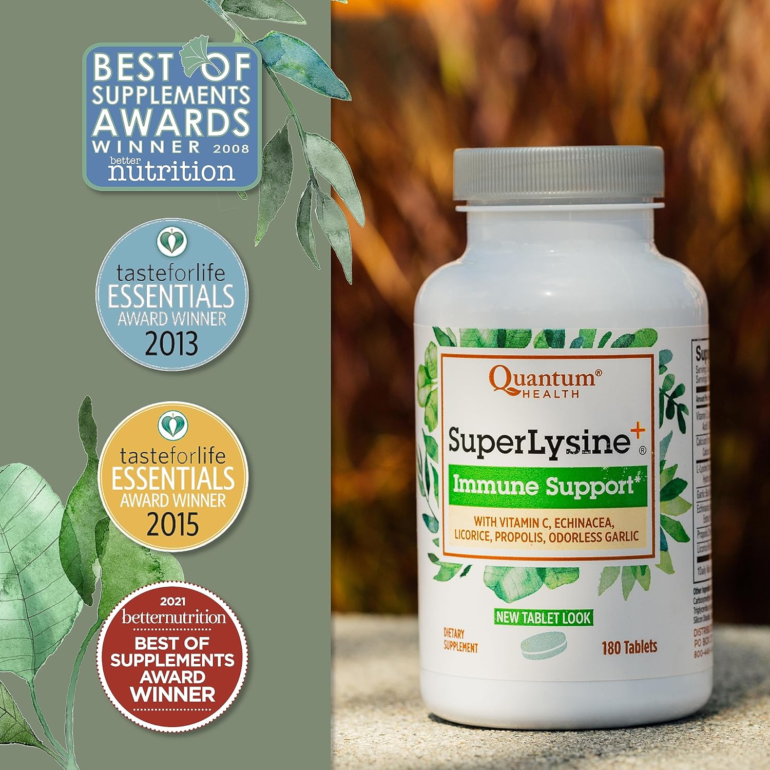 180 Tablets of Quantum Health Super Lysine+ Immune Support with Vitamin C, Echinacea, Licorice, Propolis, and Garlic