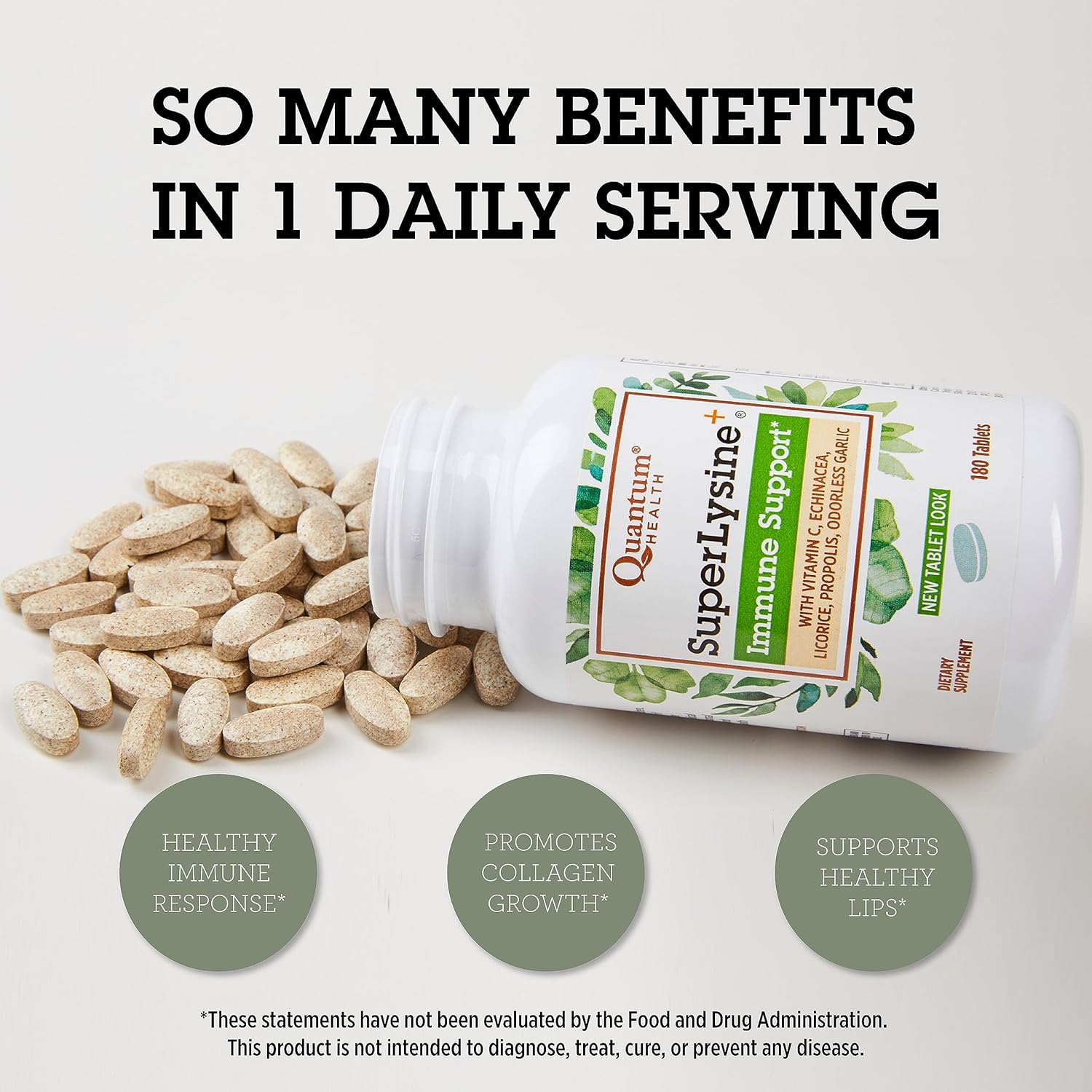 180 Tablets of Quantum Health Super Lysine+ Immune Support with Vitamin C, Echinacea, Licorice, Propolis, and Garlic