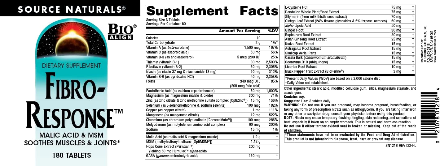 180 Tablets Source Naturals Fibro-Response with Malic Acid & MSM for Bio-Aligned Support