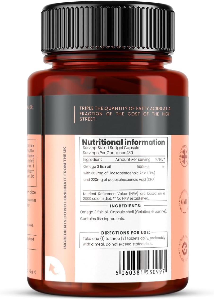 180 Triple Strength Omega 3 Capsules - 1000mg - 6 Months Supply by pureclinica