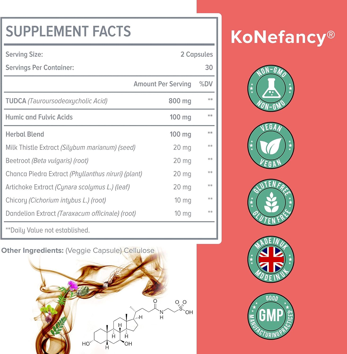 180 Vegan Capsules of KoNefancy TUDCA Liver Supplements - Herbal Blend with Milk Thistle, Fulvic and Humic Acid for Liver and Digestive Health