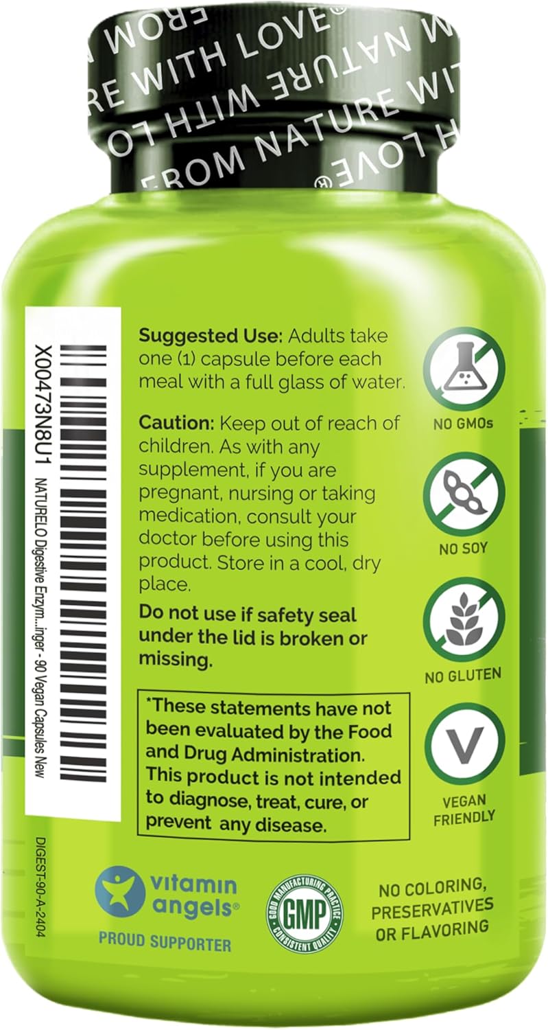 180 Vegan Capsules of NATURELO Digestive Enzymes with 15 Enzymes & Ginger for Full Spectrum Support