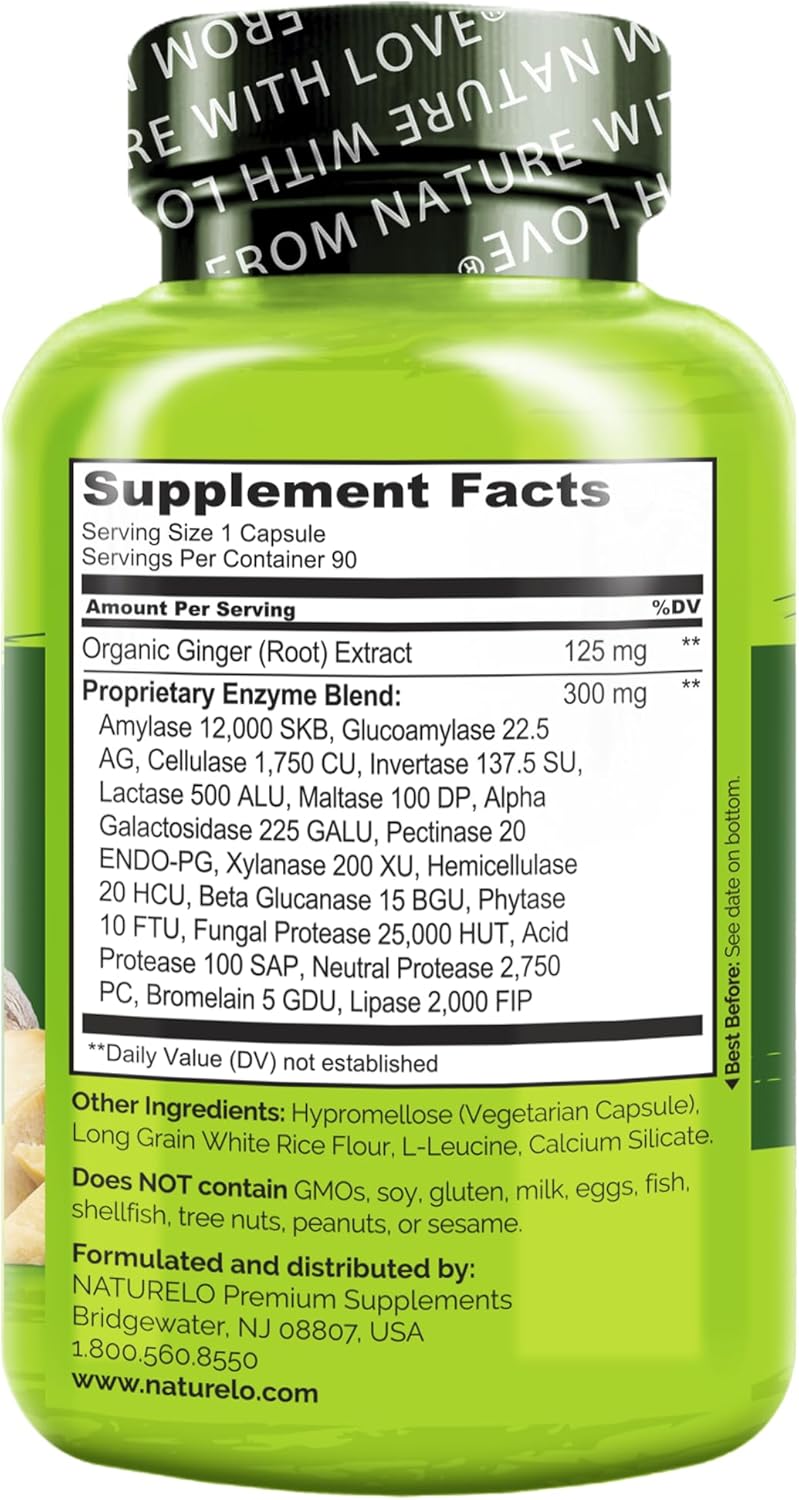 180 Vegan Capsules of NATURELO Digestive Enzymes with 15 Enzymes & Ginger for Full Spectrum Support