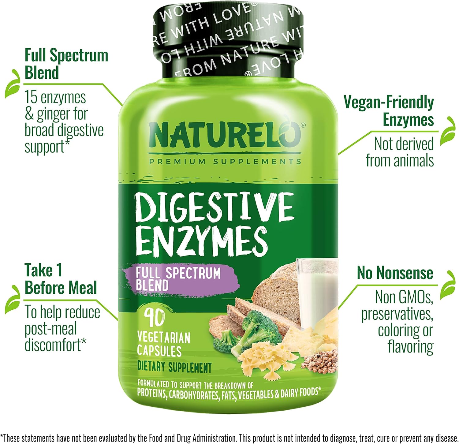 180 Vegan Capsules of NATURELO Digestive Enzymes with 15 Enzymes & Ginger for Full Spectrum Support