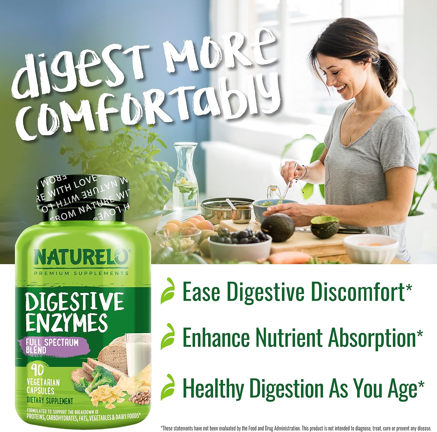 180 Vegan Capsules of NATURELO Digestive Enzymes with 15 Enzymes & Ginger for Full Spectrum Support