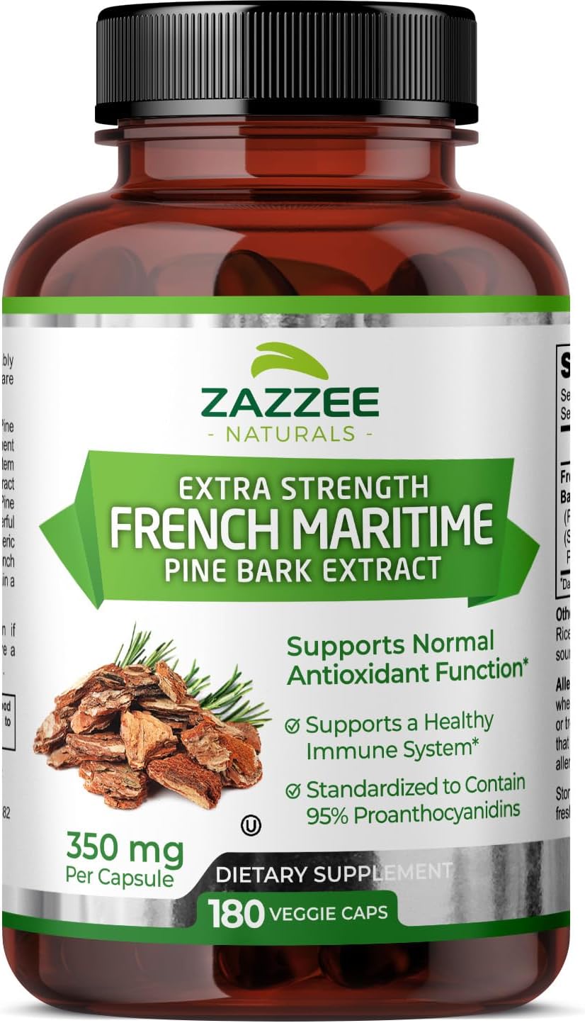 180 Vegan Capsules of Zazzee Extra Strength French Maritime Pine Bark Extract - 350mg Per Capsule, 95% Proanthocyanidins - 6 Month Supply - Non-GMO & Kosher - Made in USA