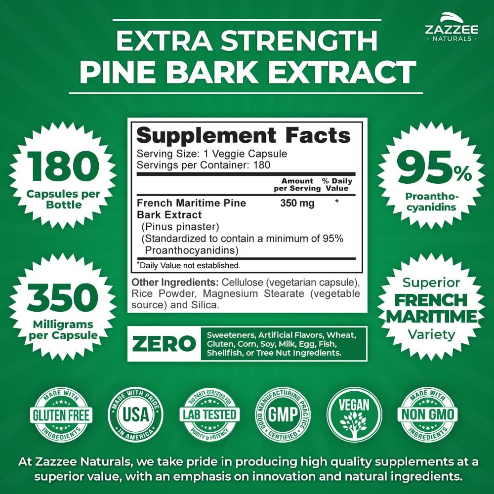 180 Vegan Capsules of Zazzee Extra Strength French Maritime Pine Bark Extract - 350mg Per Capsule, 95% Proanthocyanidins - 6 Month Supply - Non-GMO & Kosher - Made in USA