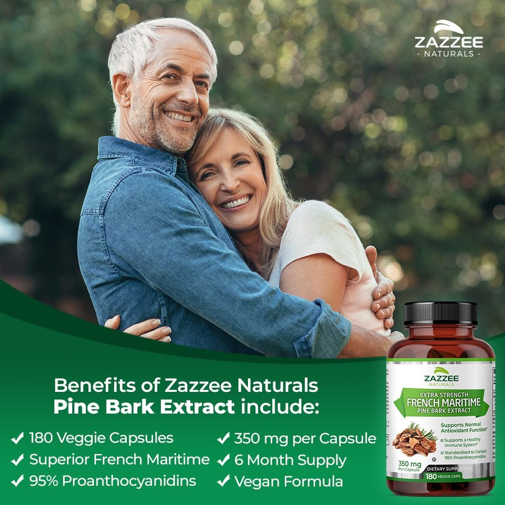 180 Vegan Capsules of Zazzee Extra Strength French Maritime Pine Bark Extract - 350mg Per Capsule, 95% Proanthocyanidins - 6 Month Supply - Non-GMO & Kosher - Made in USA
