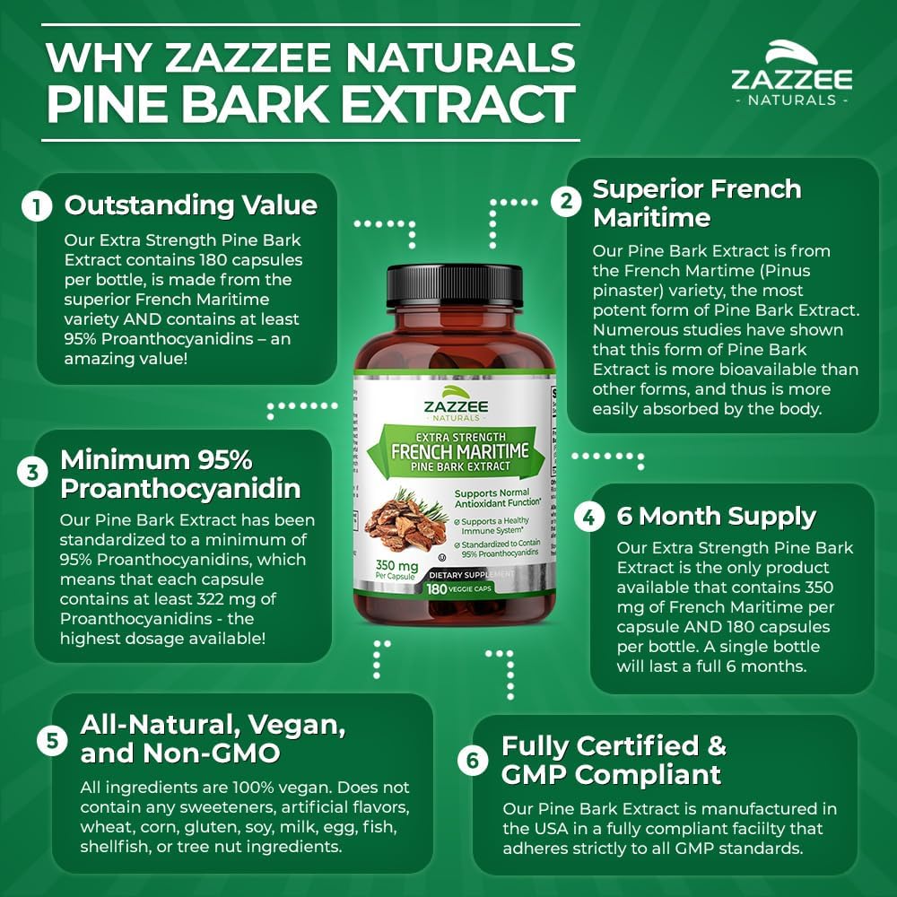 180 Vegan Capsules of Zazzee Extra Strength French Maritime Pine Bark Extract - 350mg Per Capsule, 95% Proanthocyanidins - 6 Month Supply - Non-GMO & Kosher - Made in USA