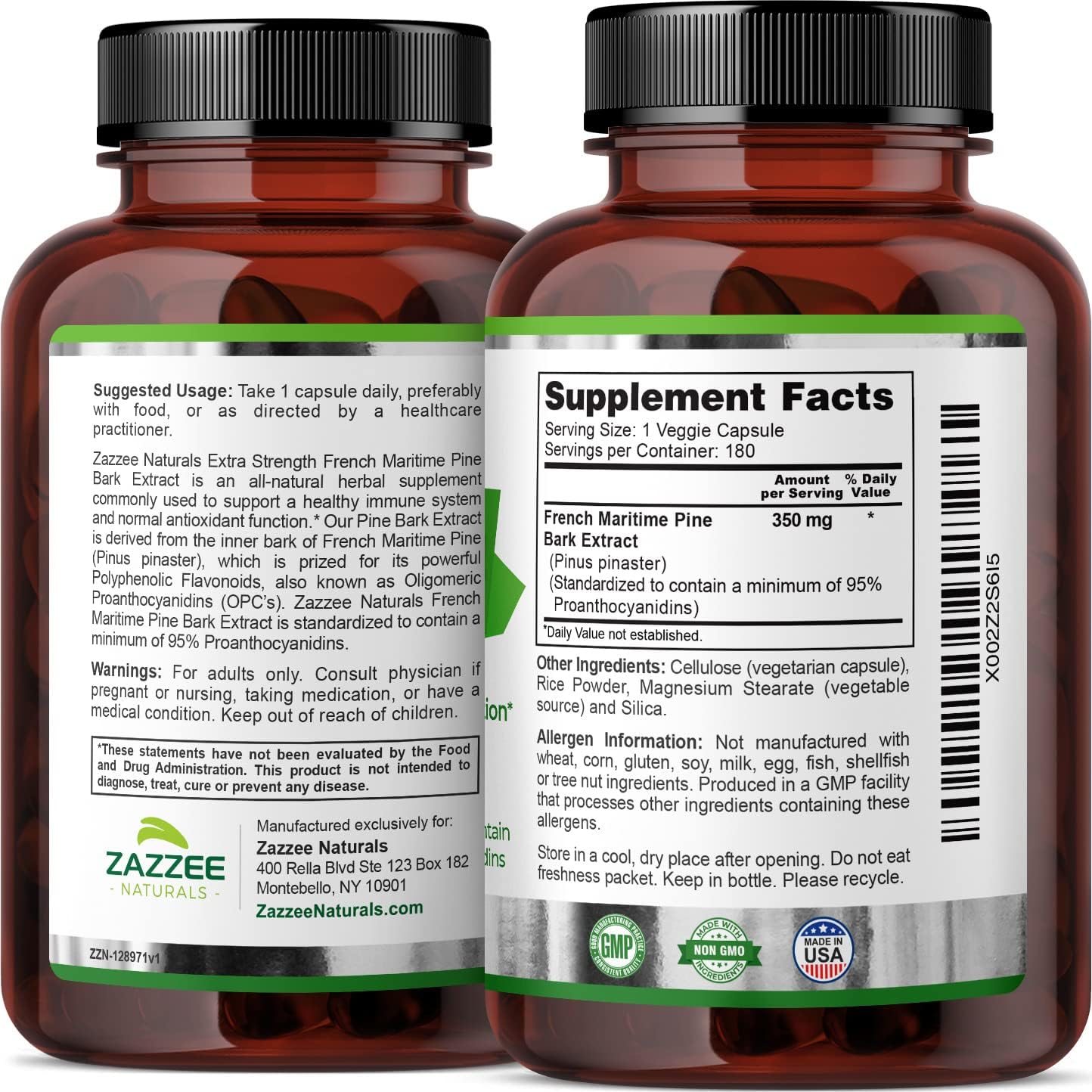 180 Vegan Capsules of Zazzee Extra Strength French Maritime Pine Bark Extract - 350mg Per Capsule, 95% Proanthocyanidins - 6 Month Supply - Non-GMO & Kosher - Made in USA