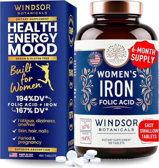 180 Vegan Iron Tablets for Women with Folic Acid - Gentle 35mg Iron, 667mcg Vitamin B9 - Anemia, Period, Pregnancy Support - Prenatal Ferrous Sulfate Pills