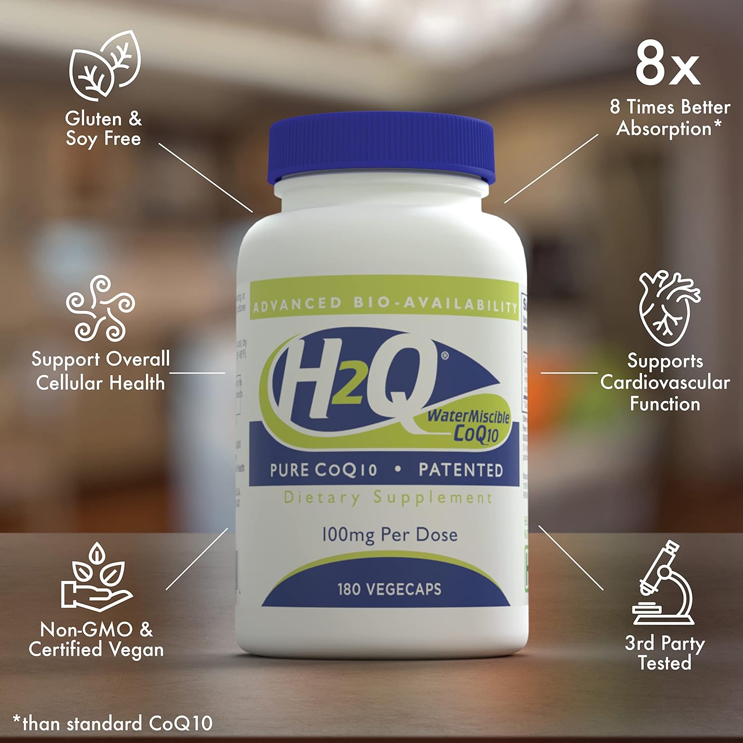 180 Vegan Non-GMO CoQ-10 Capsules with Superior Absorption for Cardiovascular and Mitochondria Support