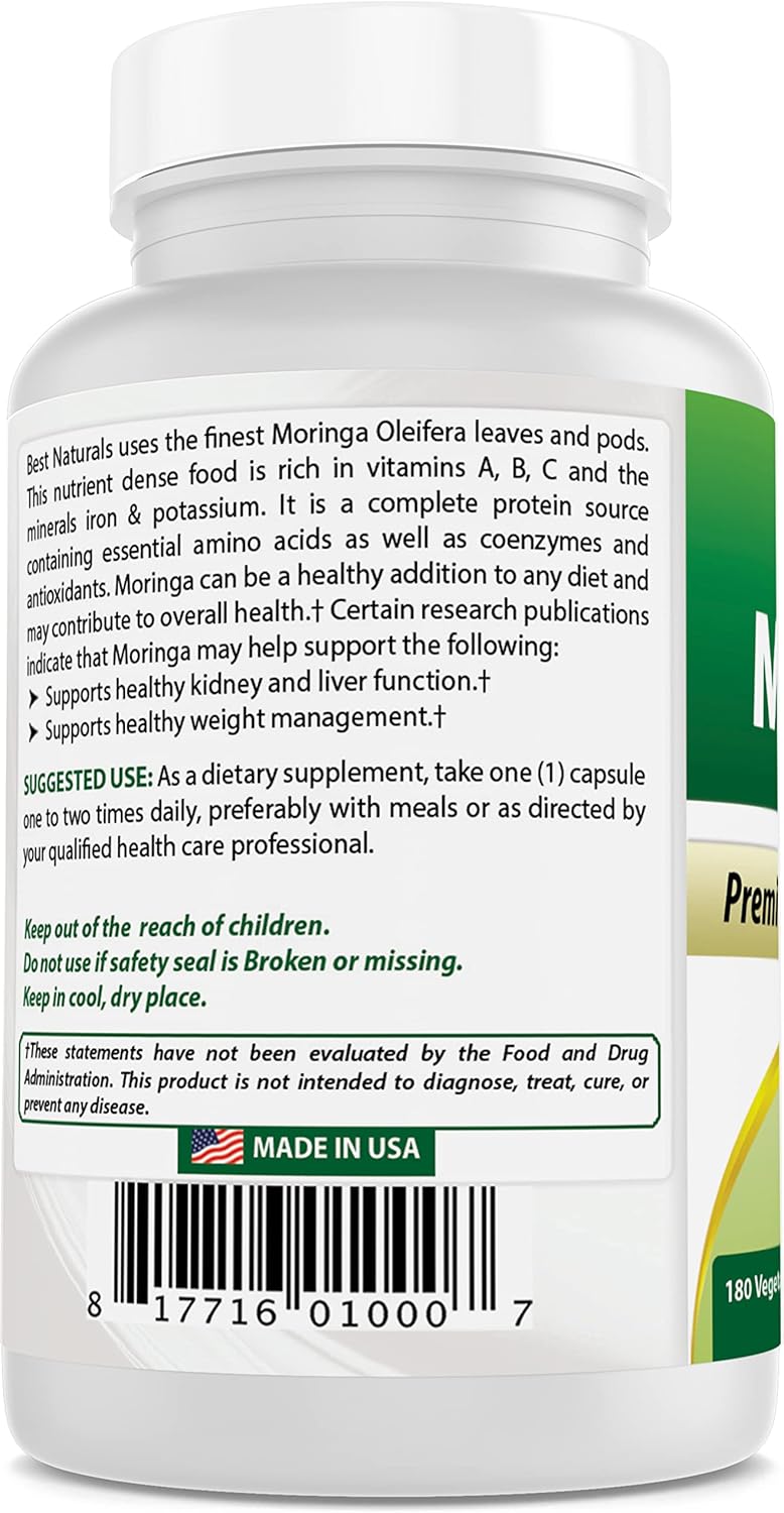 180 Vegetarian Capsules of Best Naturals Moringa 500 mg - Top Quality Supplement for Overall Wellness