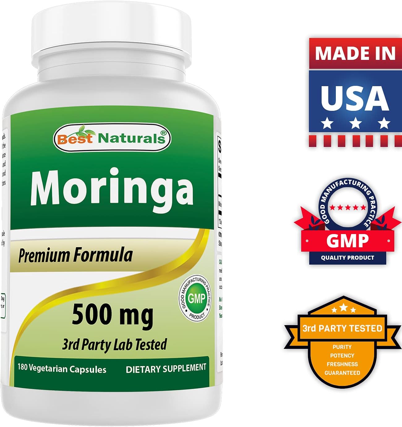180 Vegetarian Capsules of Best Naturals Moringa 500 mg - Top Quality Supplement for Overall Wellness