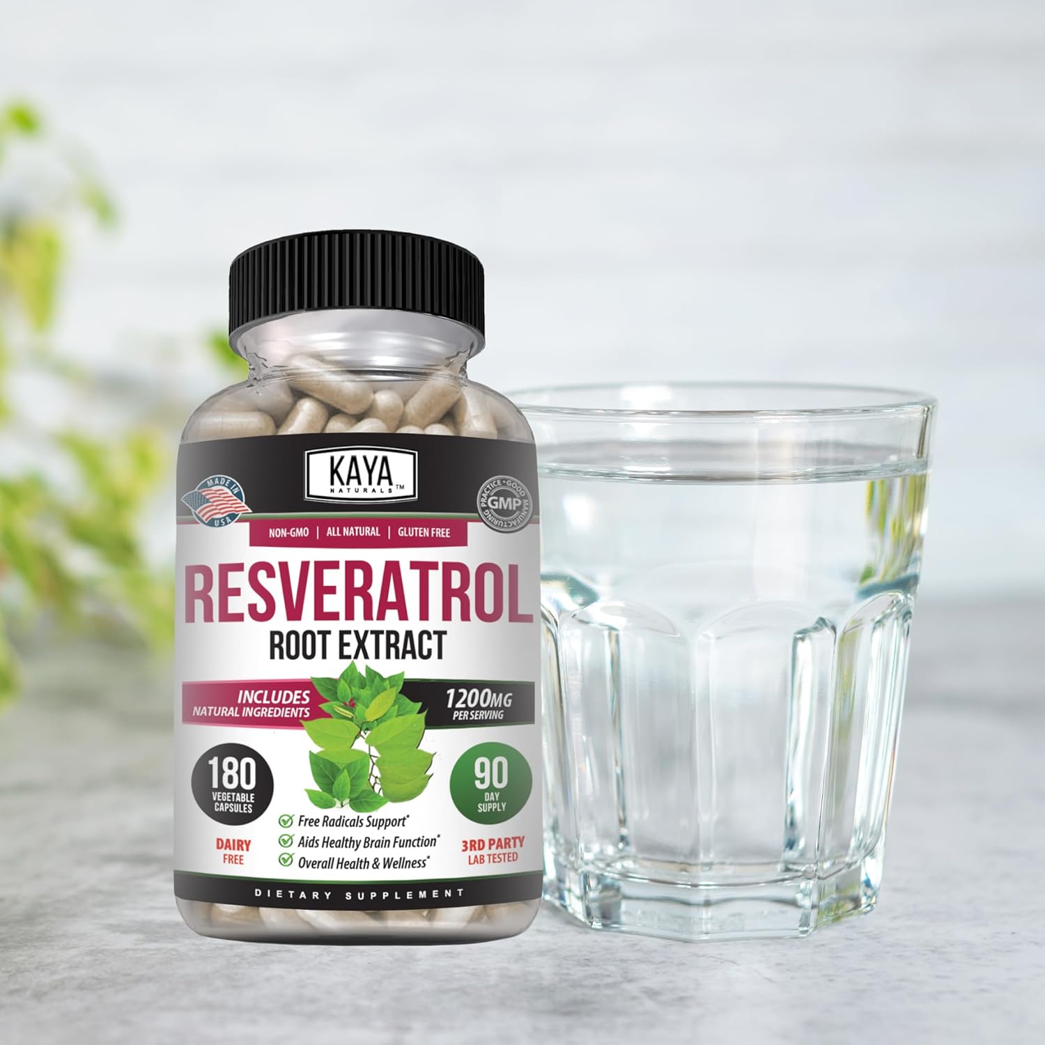 180 Vegetarian Resveratrol Capsules for Anti-Aging with Brain Support and Antioxidant Benefits by Kaya Naturals