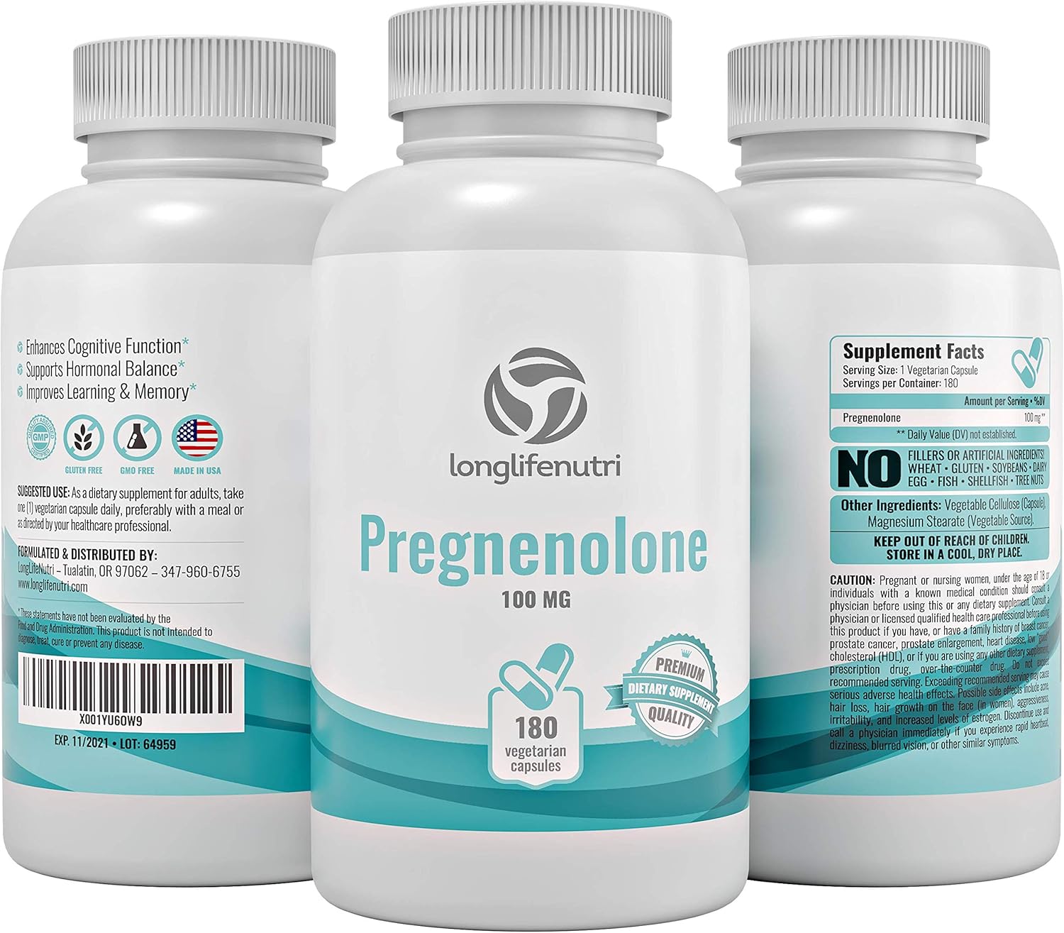 180 Veggie Caps of LongLifeNutri Pregnenolone for Brain & Hormone Support - Made in USA for Improved Memory, Focus & Vitality