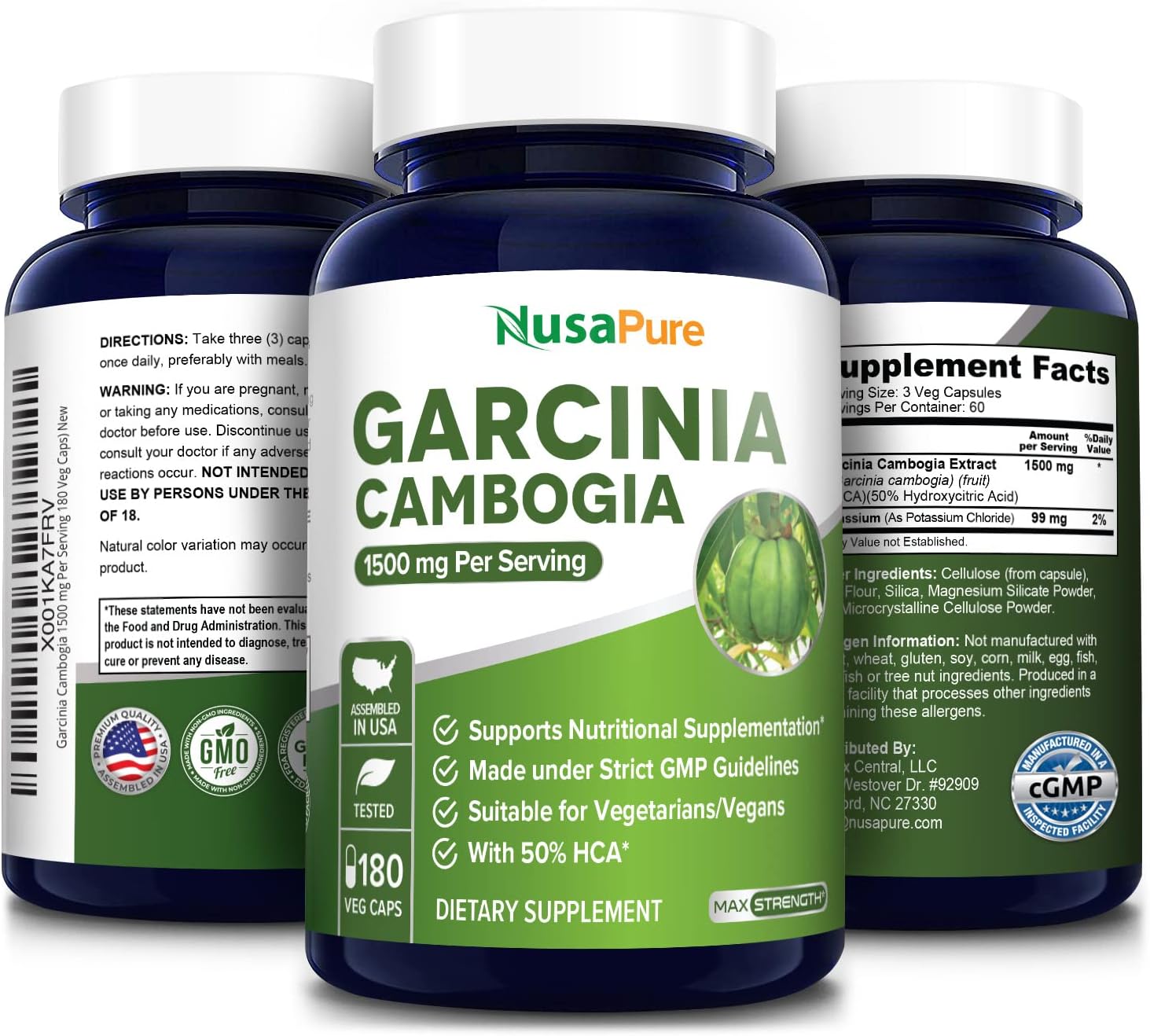 180 Veggie Caps of NusaPure Garcinia Cambogia 1500mg - Vegetarian, Non-GMO, Gluten Free