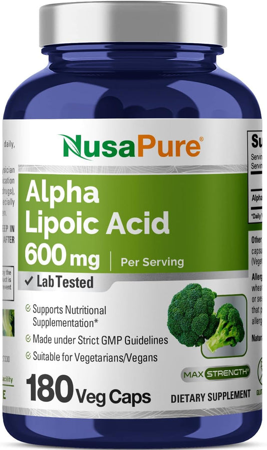 180 Veggie Capsules of NusaPure Alpha Lipoic Acid 600mg - Vegetarian, Non-GMO, Gluten-Free Formula