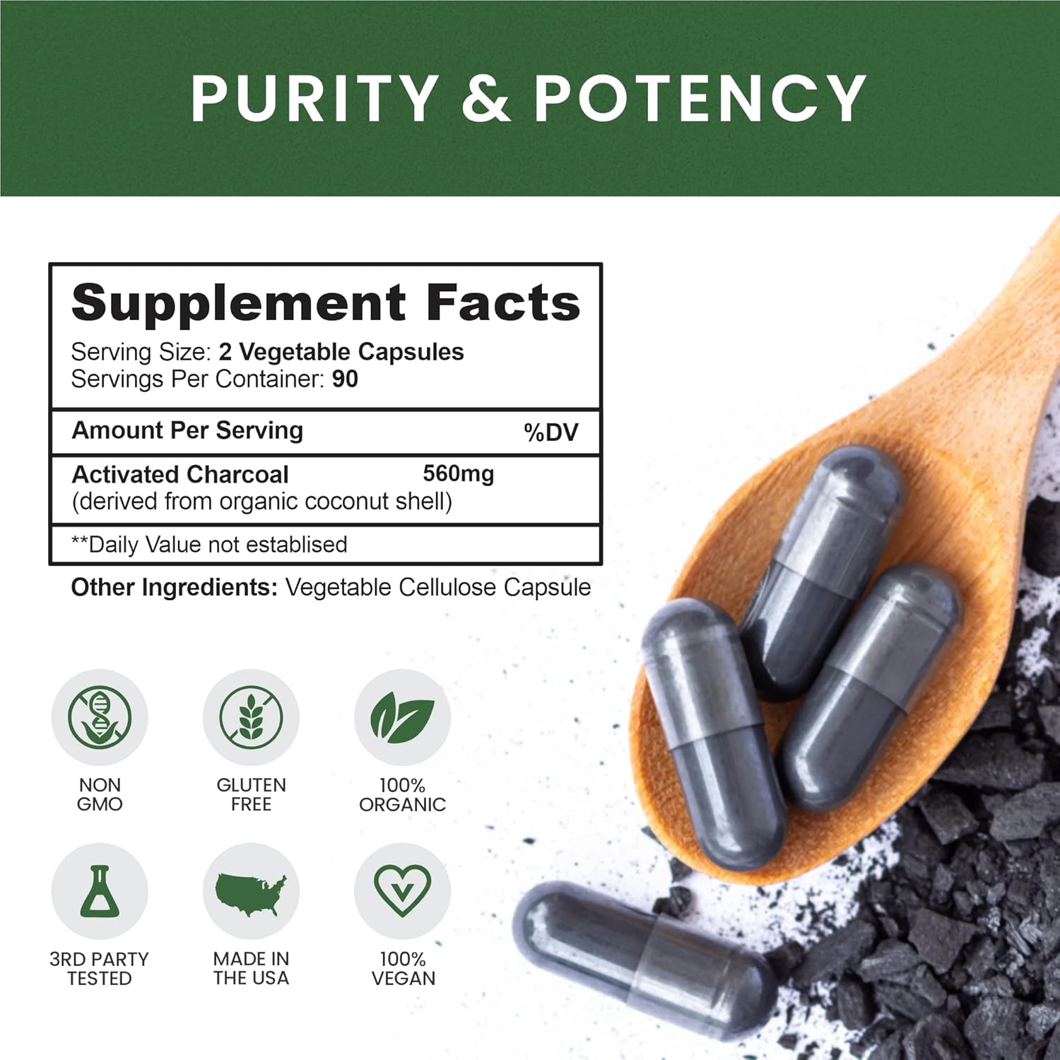 180 Whole Nature Coconut Activated Charcoal Capsules for Teeth Whitening and Digestive Health - Pure Coconut Derived Supplement for Constipation, Bloating, Stomach Gas, and Heartburn