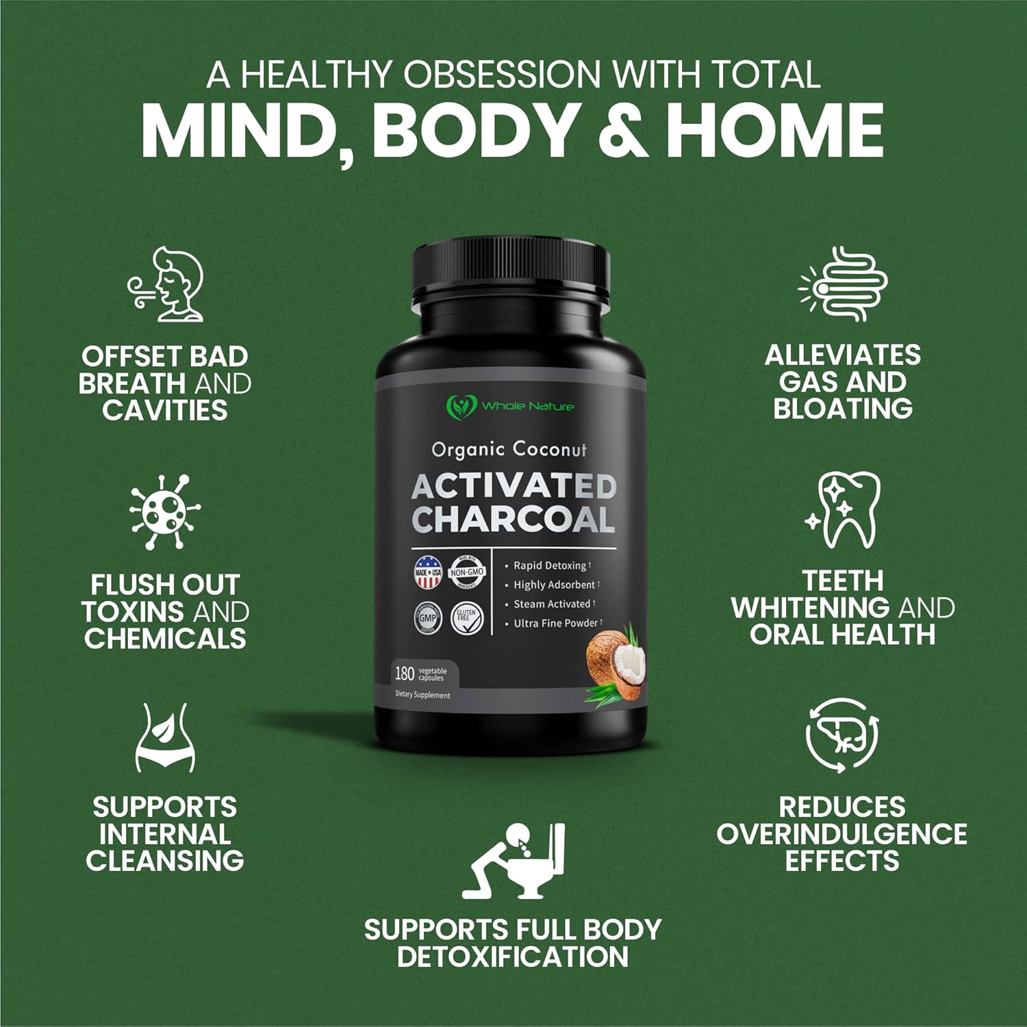 180 Whole Nature Coconut Activated Charcoal Capsules for Teeth Whitening and Digestive Health - Pure Coconut Derived Supplement for Constipation, Bloating, Stomach Gas, and Heartburn