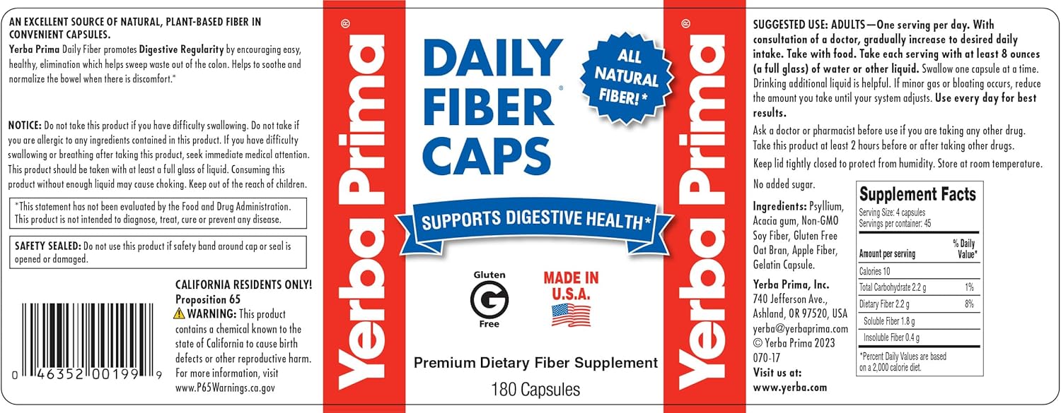 180 Yerba Prima Daily Fiber Capsules for Colon Cleanse & Gut Health - Soluble & Insoluble Fiber Supplement - Vegan & Non-GMO - Gluten-Free