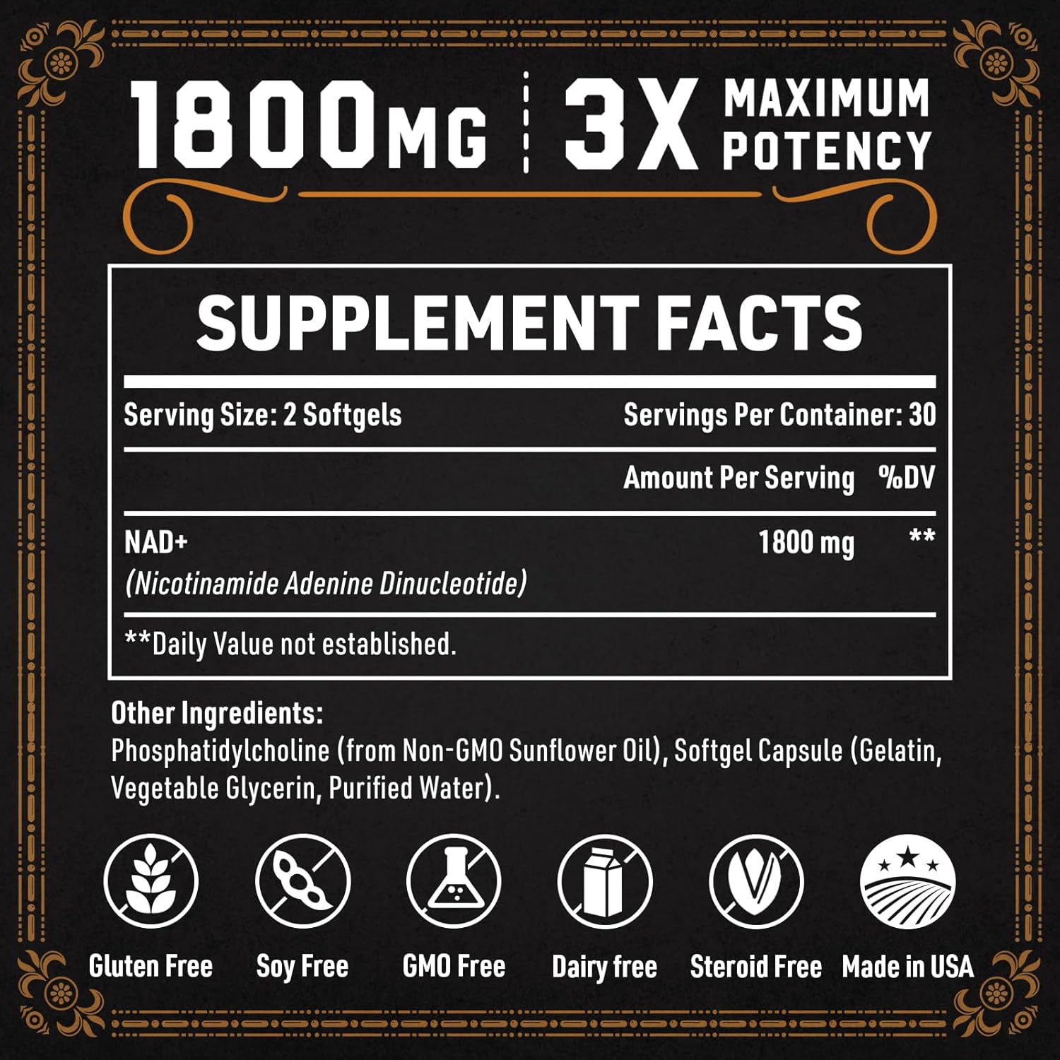 1800 MG Liposomal NAD+ Supplement for Energy & Cellular Repair - Non-GMO, 60 Softgels