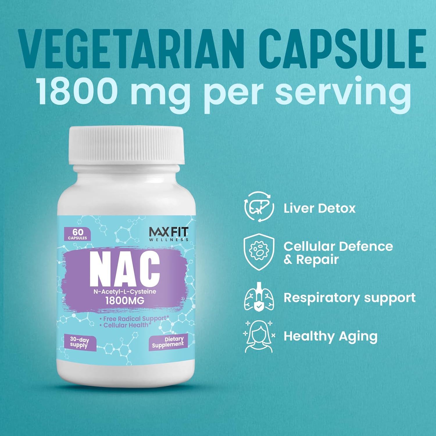 1800mg NAC Supplement for Immune & Liver Health - Antioxidant Support, Respiratory Function - 60 Veggie Capsules