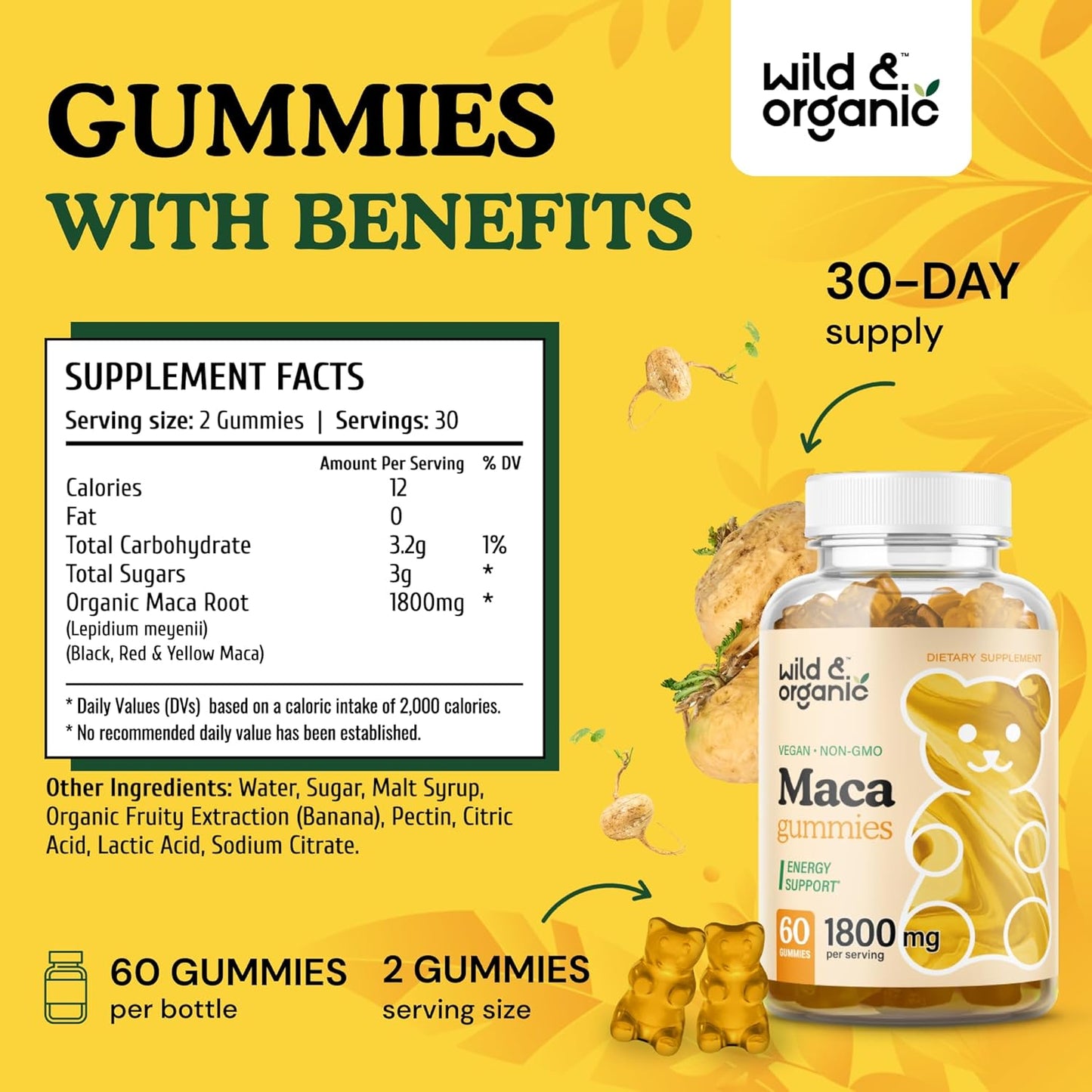 1800mg Organic Wild Maca Root Gummies - Yellow, Red, Black Maca Chews for Mood & Overall Support - Peruvian Supplement for Men & Women - 60 Vegan Gummies