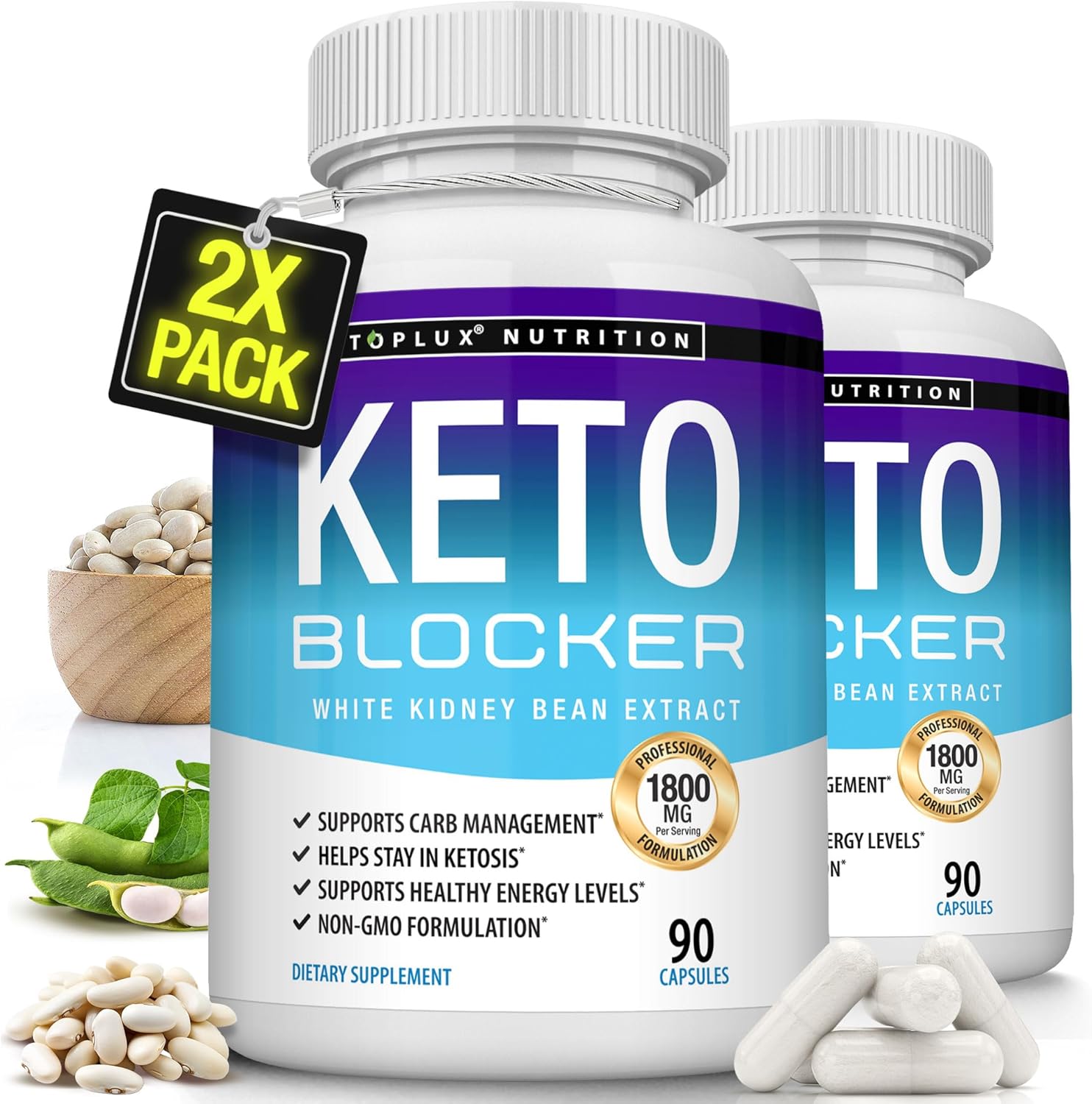 1800mg Toplux Keto Blocker Pills with White Kidney Bean Extract - Natural Ketosis Support for Keto Diet - 90 Capsules for Men and Women