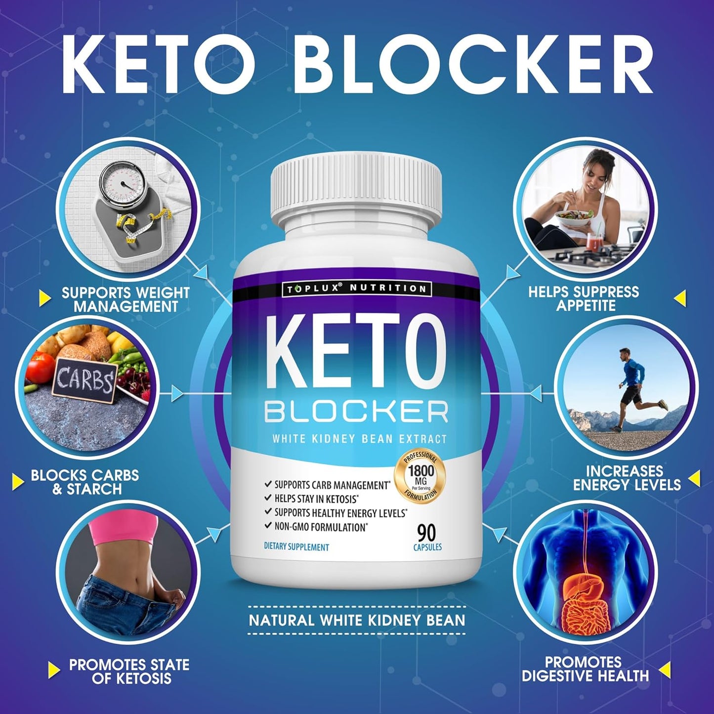 1800mg Toplux Keto Blocker Pills with White Kidney Bean Extract - Natural Ketosis Support for Keto Diet - 90 Capsules for Men and Women