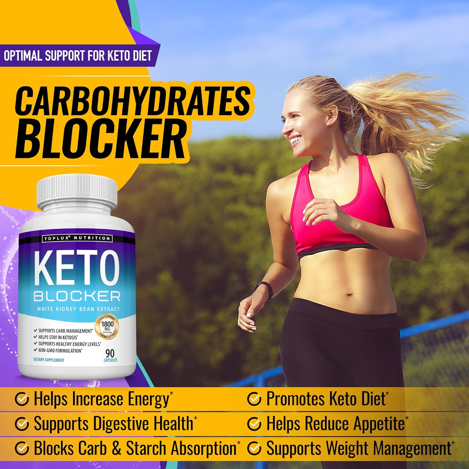 1800mg Toplux Keto Blocker Pills with White Kidney Bean Extract - Natural Ketosis Support for Keto Diet - 90 Capsules for Men and Women