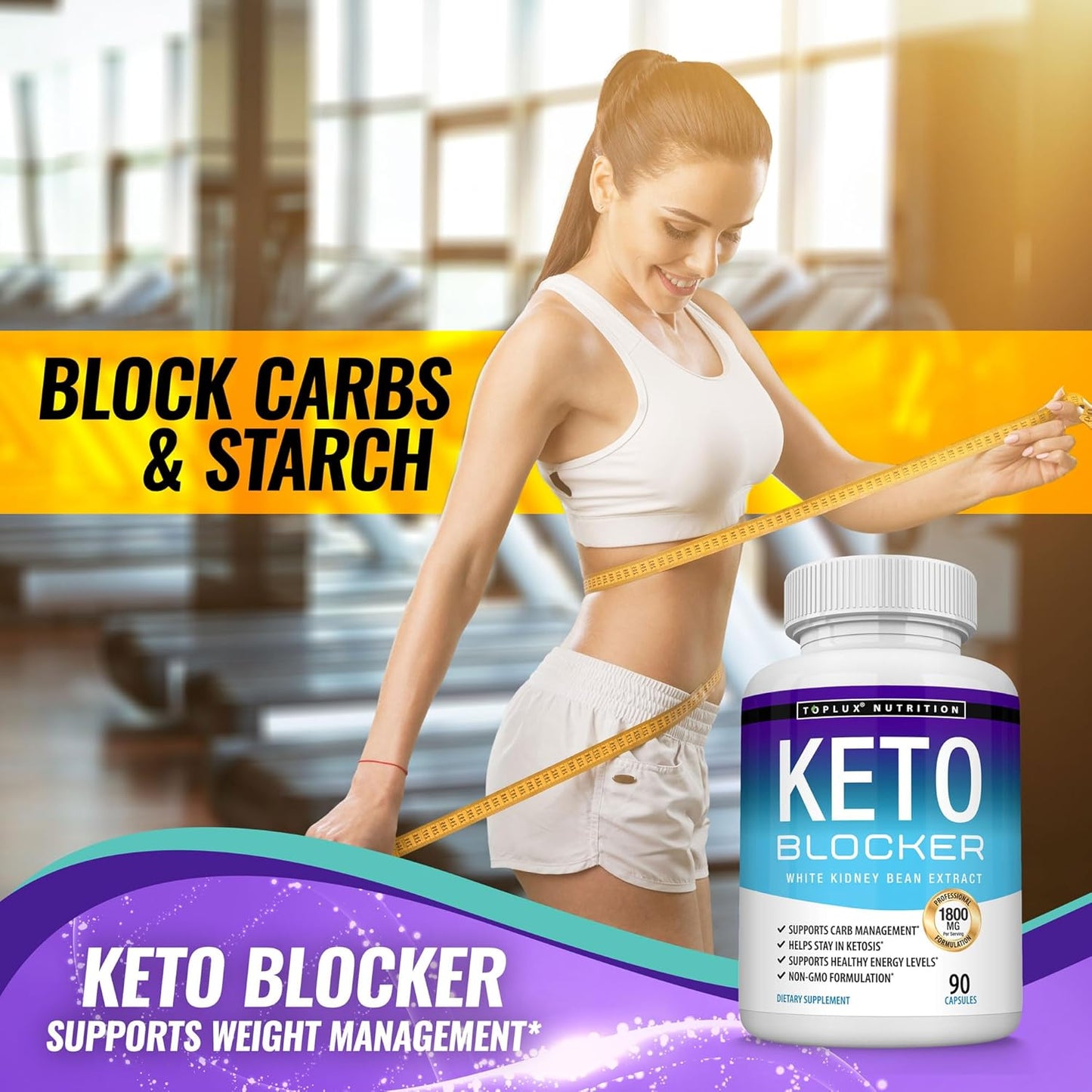 1800mg Toplux Keto Blocker Pills with White Kidney Bean Extract - Natural Ketosis Support for Keto Diet - 90 Capsules for Men and Women