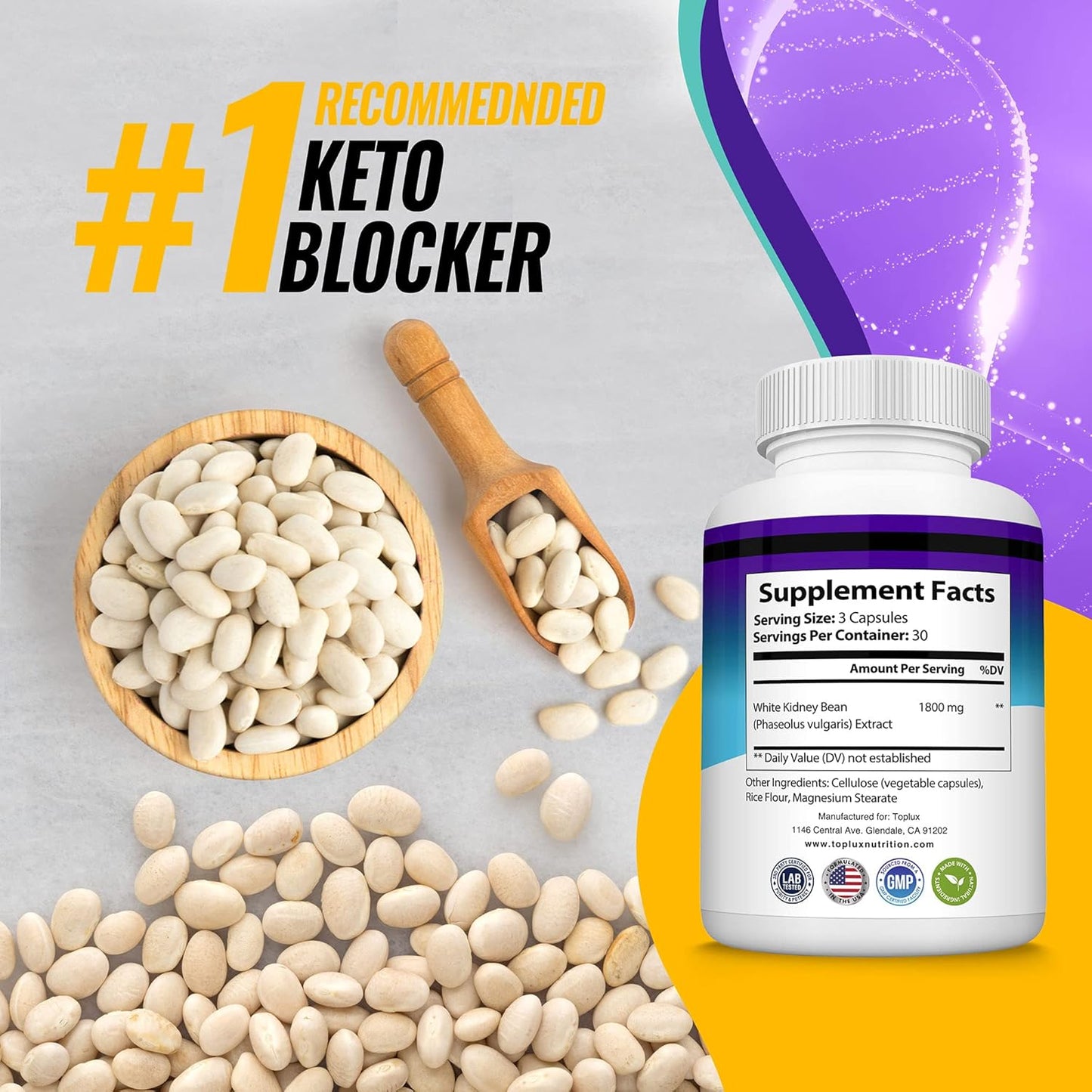 1800mg Toplux Keto Blocker Pills with White Kidney Bean Extract - Natural Ketosis Support for Keto Diet - 90 Capsules for Men and Women