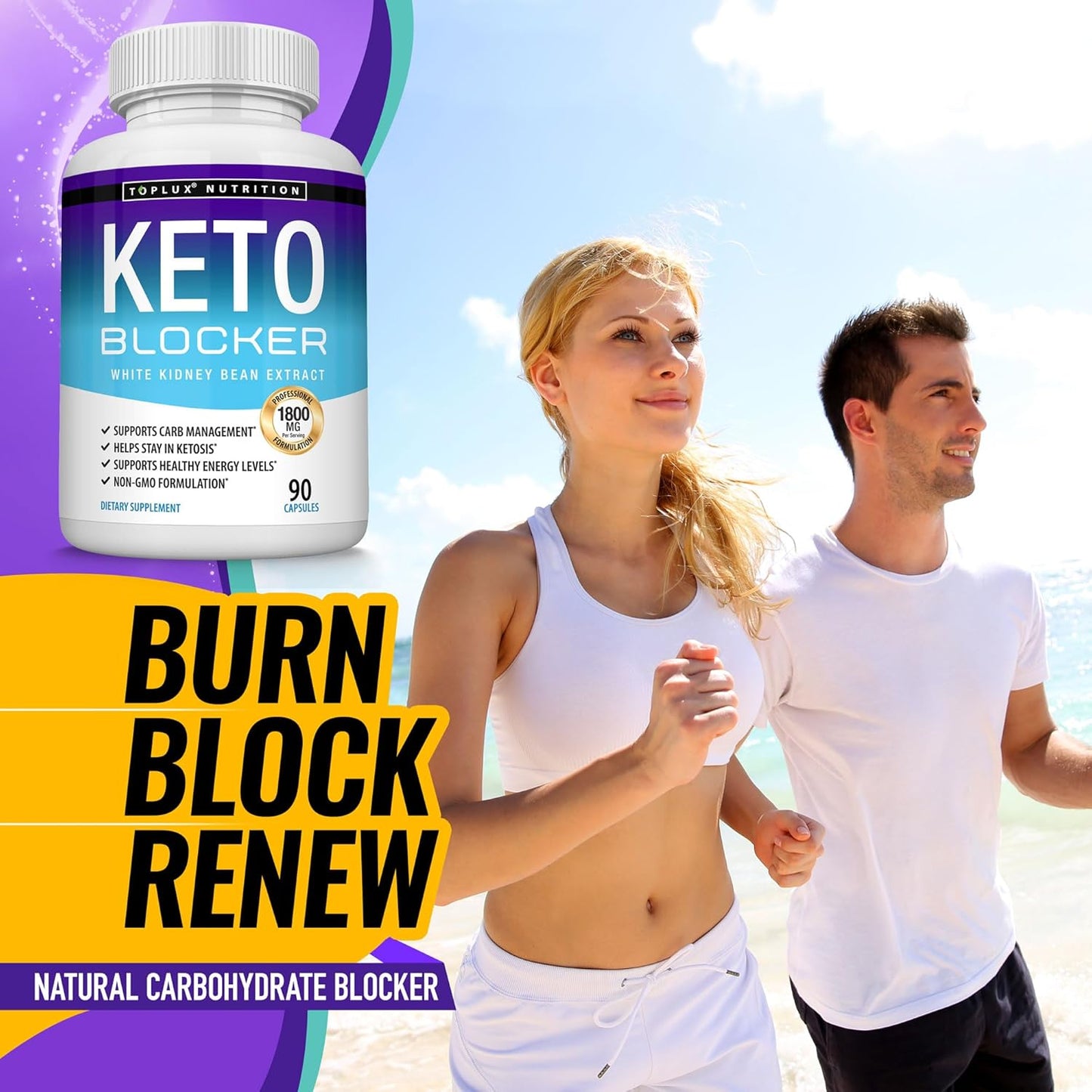 1800mg Toplux Keto Blocker Pills with White Kidney Bean Extract - Natural Ketosis Support for Keto Diet - 90 Capsules for Men and Women