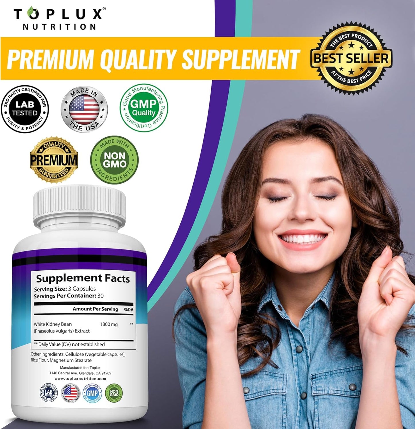1800mg Toplux Keto Blocker Pills with White Kidney Bean Extract - Natural Ketosis Support for Keto Diet - 90 Capsules for Men and Women