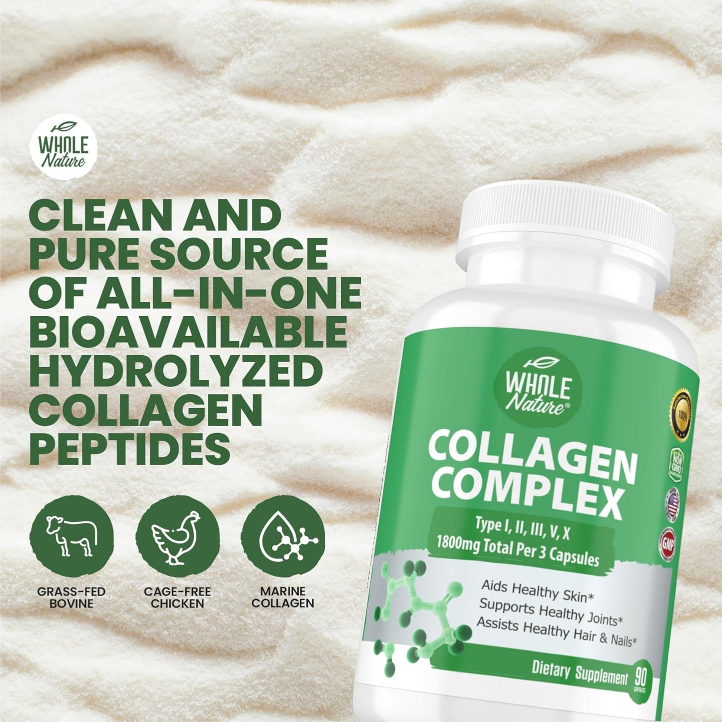 1800mg Whole Nature Multi Collagen Protein Peptides Capsules - Types I, II, III, V, X - Joint Support, Hair, Skin, Nails, Beauty Vitamins - 100% Natural Non-GMO - 90ct