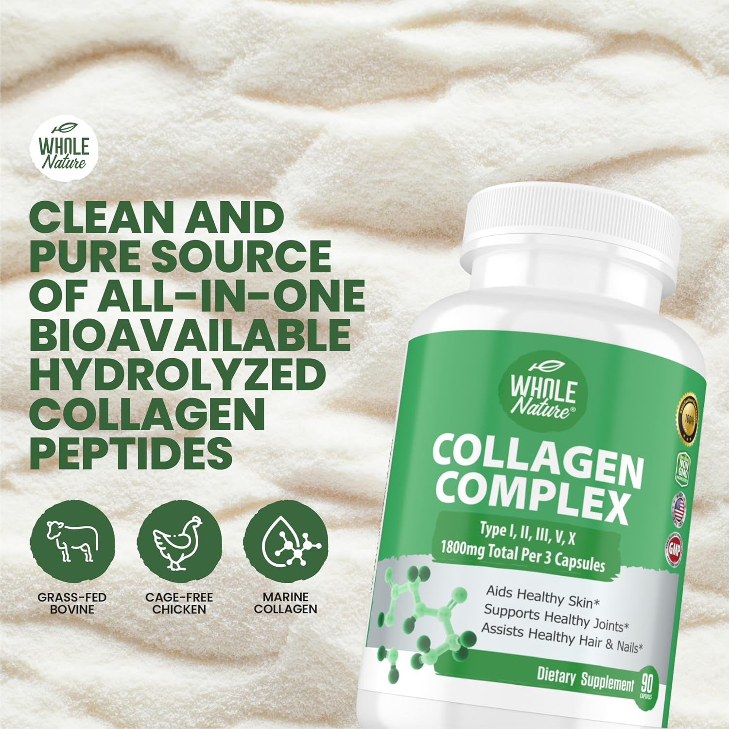 1800mg Whole Nature Multi Collagen Protein Peptides Capsules - Types I, II, III, V, X - Joint Support, Hair, Skin, Nails, Beauty Vitamins - 100% Natural Non-GMO - 90ct